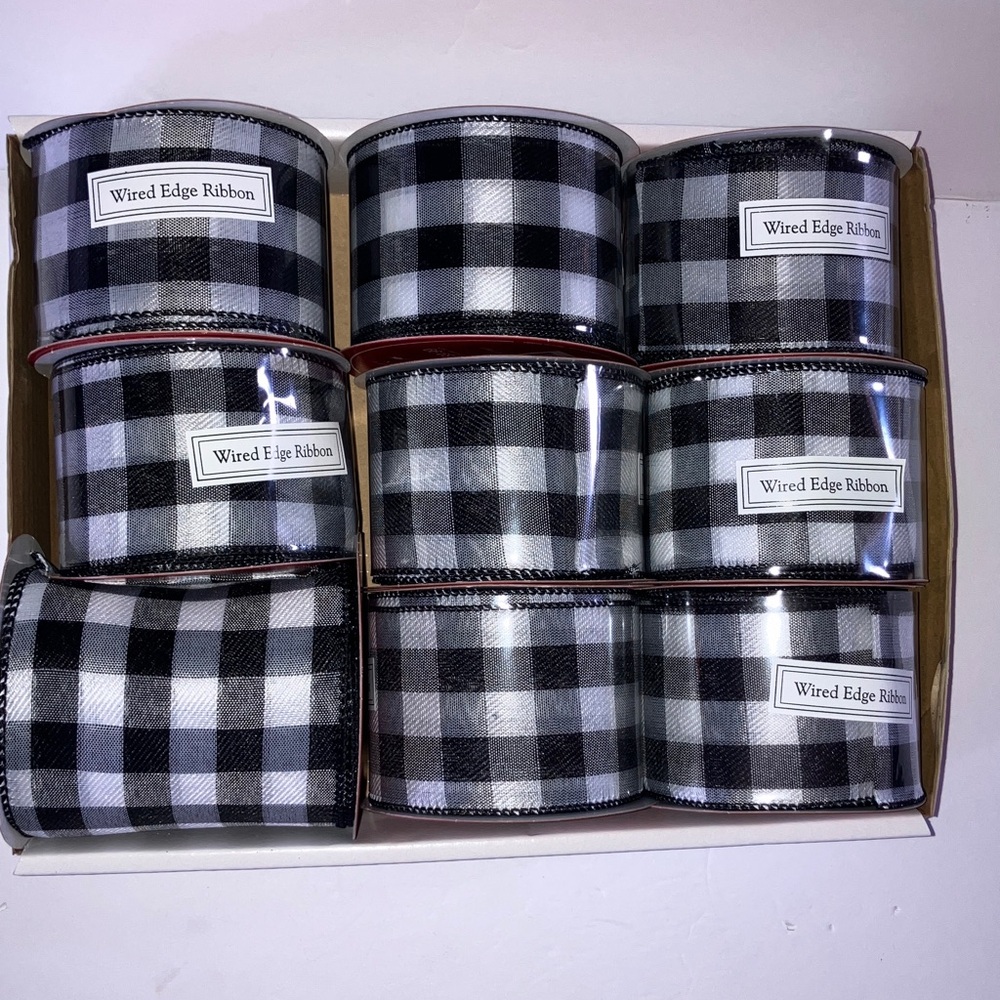 8 Rolls‎ Black and White Checkered Wired Edge Ribbon Set Total 270 Feet